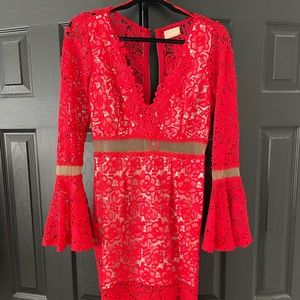 Red lace midi dress with bell sleeves